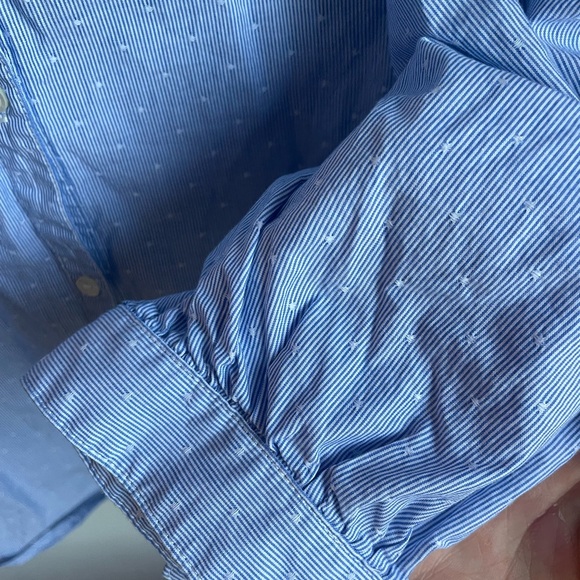 J McLaughlin Size XL Blue White Thin Stripe Cotton Shirt Blouse 3/4 Sleeves (J) - Picture 3 of 6